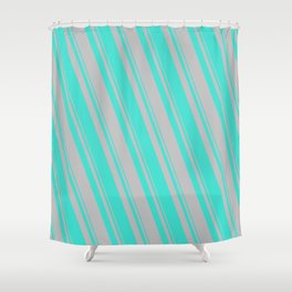 [ Thumbnail: Turquoise and Grey Colored Stripes/Lines Pattern Shower Curtain ]