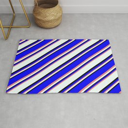 [ Thumbnail: Blue, Light Coral, Mint Cream & Black Colored Lined Pattern Rug ]