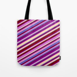 [ Thumbnail: Eyecatching Purple, Orchid, Tan, Slate Blue & Maroon Colored Lined Pattern Tote Bag ]