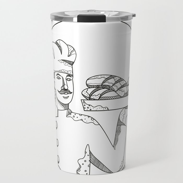 Baker Holding Bread on Plate Doodle Art Travel Mug