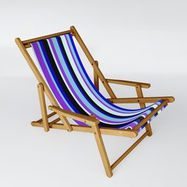 [ Thumbnail: Vibrant Light Cyan, Purple, Sky Blue, Blue & Black Colored Stripes/Lines Pattern Sling Chair ]