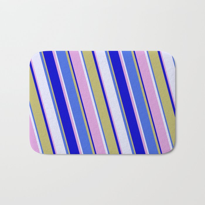 Vibrant Royal Blue, Lavender, Plum, Blue, and Dark Khaki Colored Lined/Striped Pattern Bath Mat