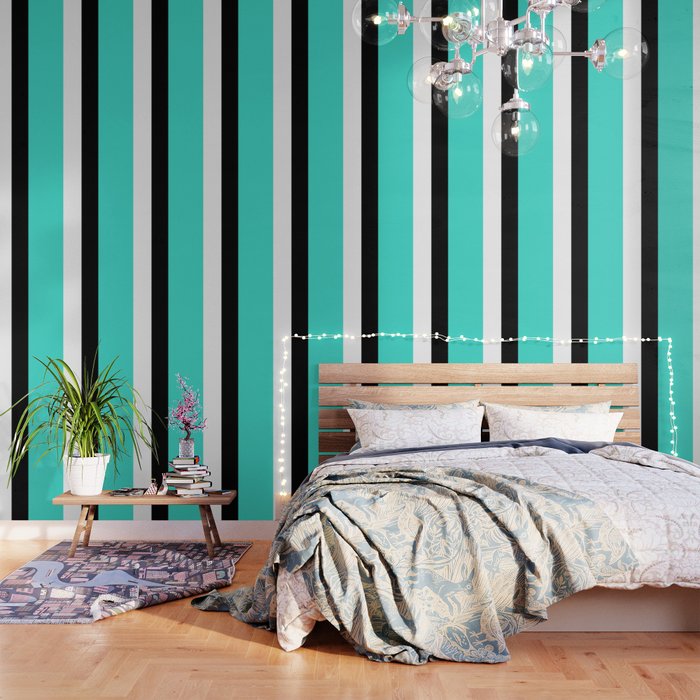 Modern White Black Turquoise Color Block Wallpaper by