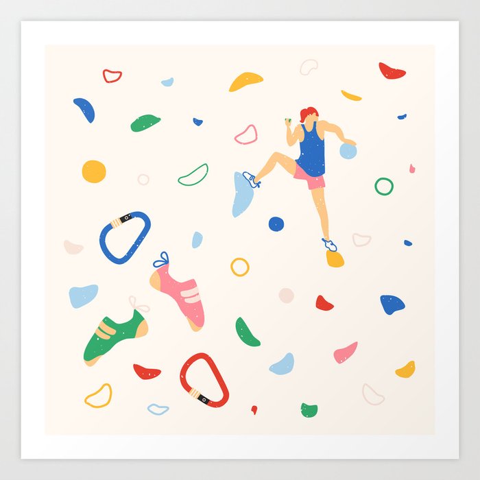 Boulder Wall with female climber - bright Art Print