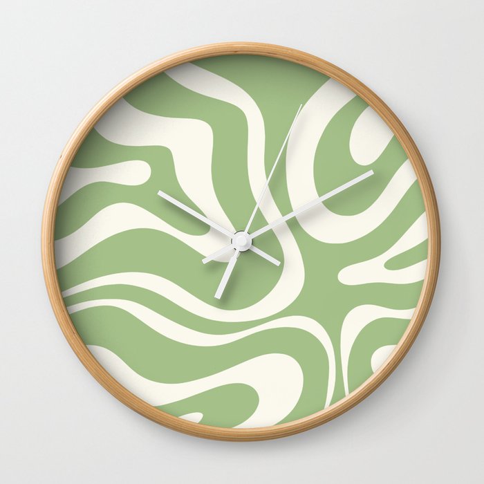Modern Liquid Swirl Abstract Pattern in Light Sage Green and Cream Wall Clock