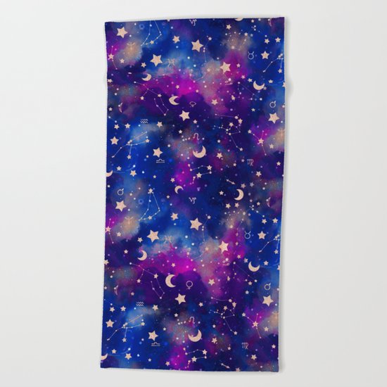 Zodiac - Watercolor Dark Beach Towel