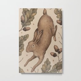 The Hare and Oak Metal Print | Rabbits, Hare, Nature, Curated, Drawing, Oak, Leaves, Bunny, Animal, Vintage 