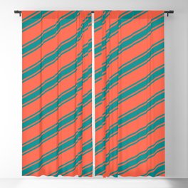 [ Thumbnail: Red & Dark Cyan Colored Lined Pattern Blackout Curtain ]