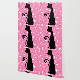 Pink retro flower black cat silhouette design  Wallpaper