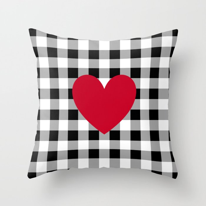 Red Heart on Black Buffalo Check Throw Pillow by LovelyLifestyle