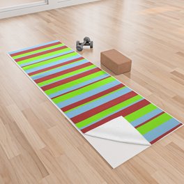 [ Thumbnail: Red, Light Sky Blue, and Chartreuse Colored Lined/Striped Pattern Yoga Towel ]