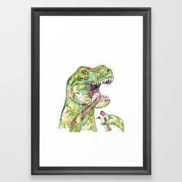 T-rex brushing teeth dinosaur painting watercolour Framed Art Print