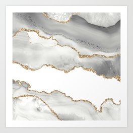 White & Gold Agate Texture 06 Art Print