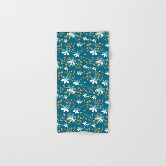 White flowers on a blue background . Hand & Bath Towel