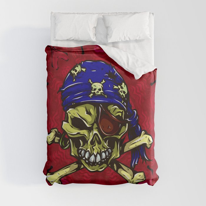 Skull and Crossbones Crimson Pirate Mandala Duvet Cover