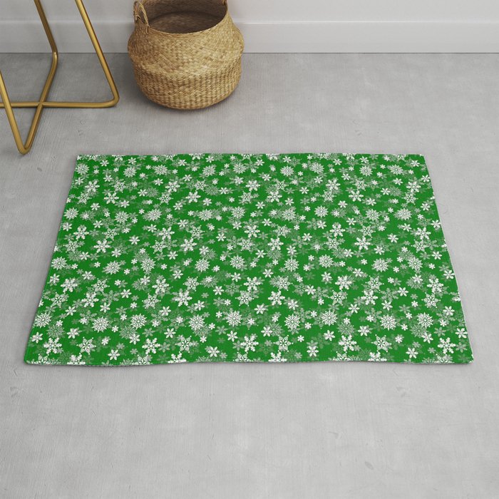 Festive Green and White Christmas Holiday Snowflakes Rug