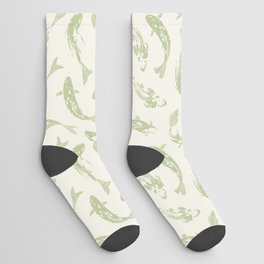 Sage Green Koi Carp Fish Pattern on Antique White Socks