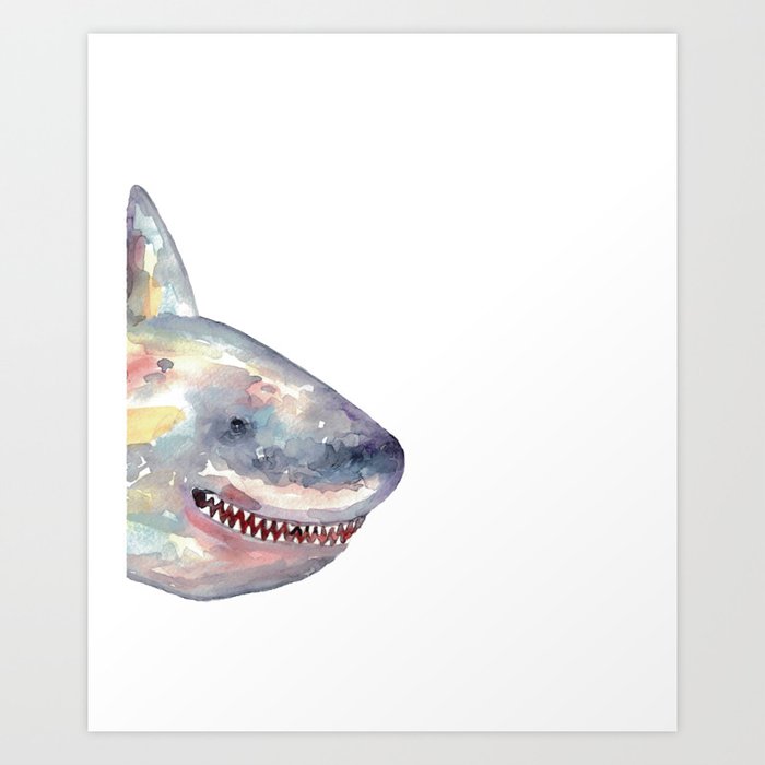 Funny Shark peeking watercolor Art Print