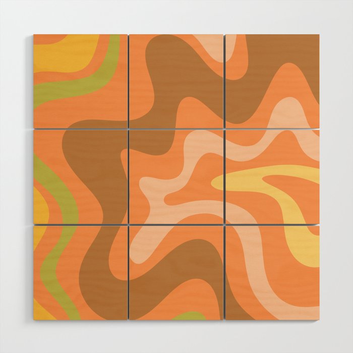 Retro Liquid Swirl Abstract Pattern Square 60s 70s Light Orange Green Brown Yellow Blush Wood Wall Art