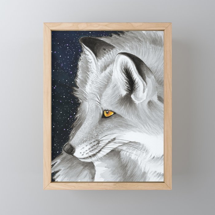 Silver Fox Galaxy Stars Nebula Watercolor Art Framed Mini Art Print