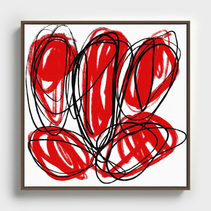 Red, Black, and White Minimalist Abstract Linear Painting Framed Canvas
