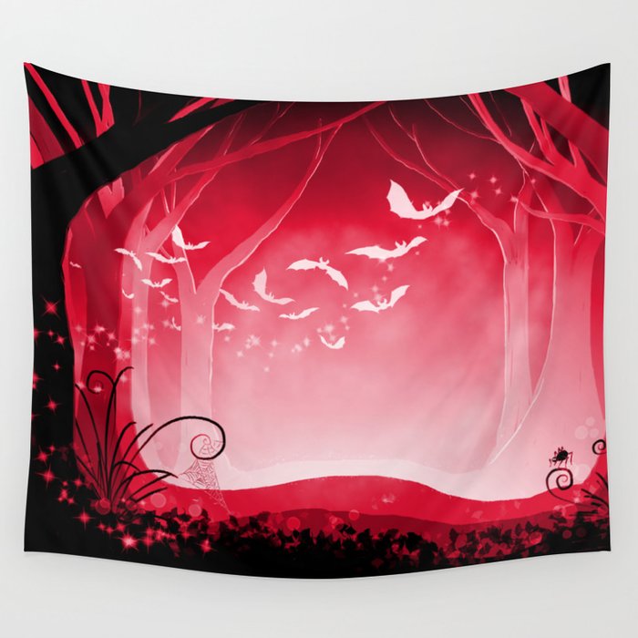 Dark Forest at Dawn in Ruby Wall Tapestry