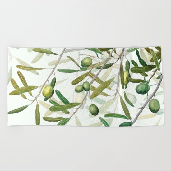 Green Olive watercolor painting Beach Towel