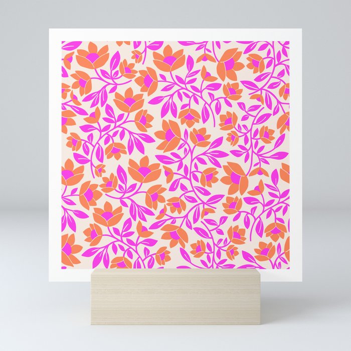 Tropical Blooms Pattern - Pink and Orange Mini Art Print
