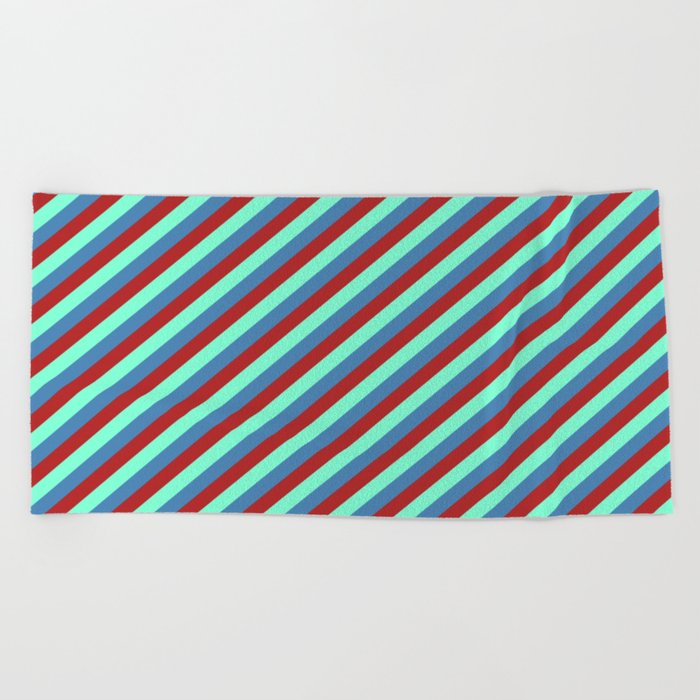 Aquamarine, Blue & Red Colored Lined/Striped Pattern Beach Towel
