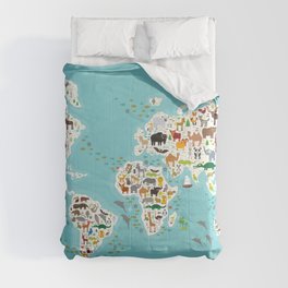 Cartoon animal world map for children and kids, Animals from all over the world Comforter