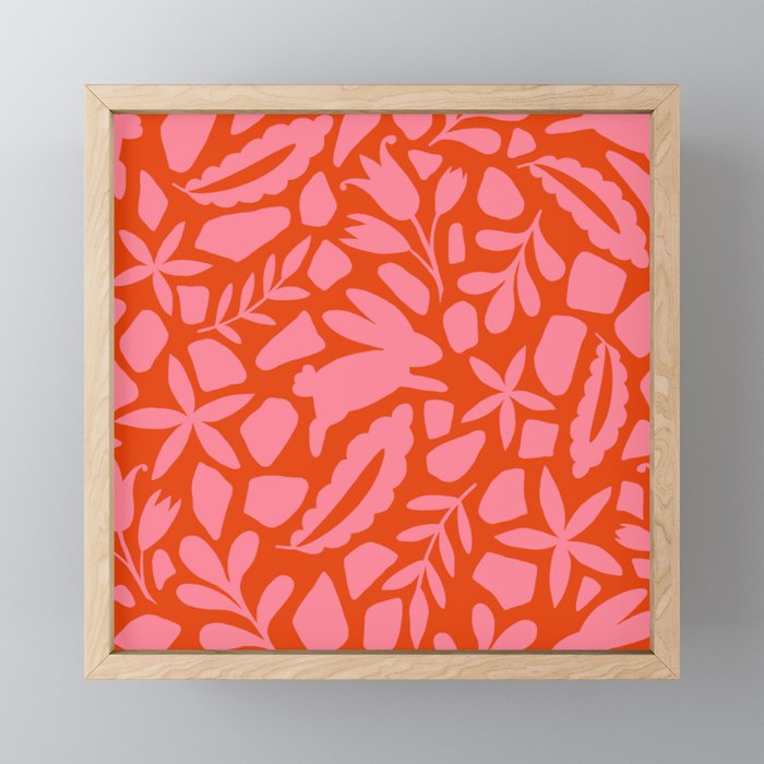 Folk Art Bunnies - Tomato and Pink Framed Mini Art Print