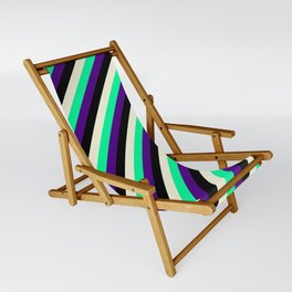 [ Thumbnail: Beige, Green, Indigo & Black Colored Striped/Lined Pattern Sling Chair ]