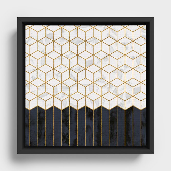 White Geo and Blue Navy Cube Pattern Framed Canvas