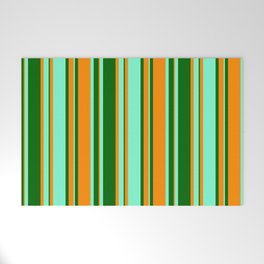 [ Thumbnail: Dark Orange, Dark Green, and Aquamarine Colored Stripes Pattern Welcome Mat ]