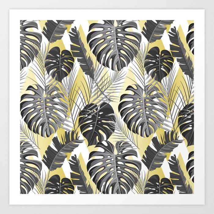 Modern Tropical Gray Lime Green Chevron Leaves Floral Art Print By