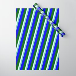 [ Thumbnail: Colorful Sky Blue, Mint Cream, Aquamarine, Blue & Dark Green Colored Striped/Lined Pattern Wrapping Paper ]