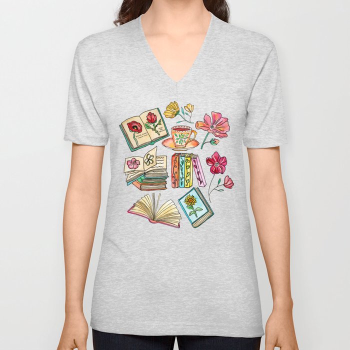 Blooms and Books on Blue V Neck T Shirt