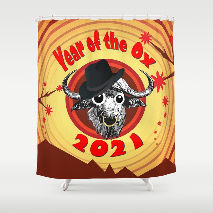 Year of the Ox 2 with Googly Eyes, Hat, and Nose Ring Shower Curtain