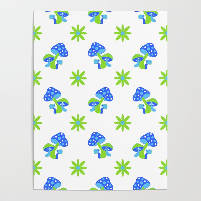 Groovy Blue Mushrooms Pattern Poster