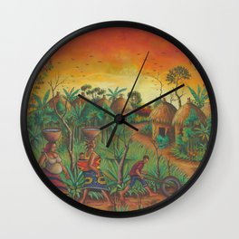 Village painting from Africa of Villagers Wall Clock
