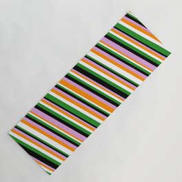 [ Thumbnail: Eye-catching Forest Green, Black, Plum, Dark Orange, and White Colored Striped Pattern Yoga Mat ]