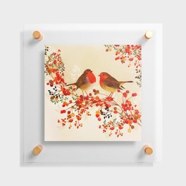 Red Gold Winter Birds Holly Berry Branches Watercolor Floating Acrylic Print