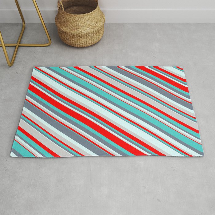 Colorful Light Grey, Red, Turquoise, Slate Gray & Light Cyan Colored Pattern of Stripes Rug