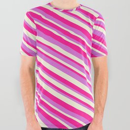 [ Thumbnail: Orchid, Beige & Deep Pink Colored Pattern of Stripes All Over Graphic Tee ]