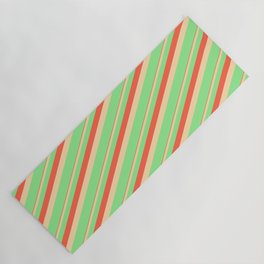 [ Thumbnail: Red, Tan & Light Green Colored Lines Pattern Yoga Mat ]