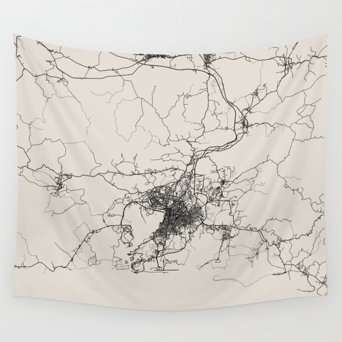 Santiago de Cuba - Black and White City Map Wall Tapestry