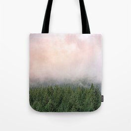 Epic PNW Forest Fog Misty Sunset Tote Bag