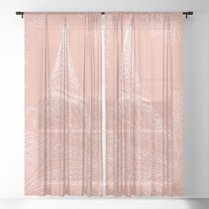 Pastel Pink Paris Eiffel Tower line Sheer Curtain