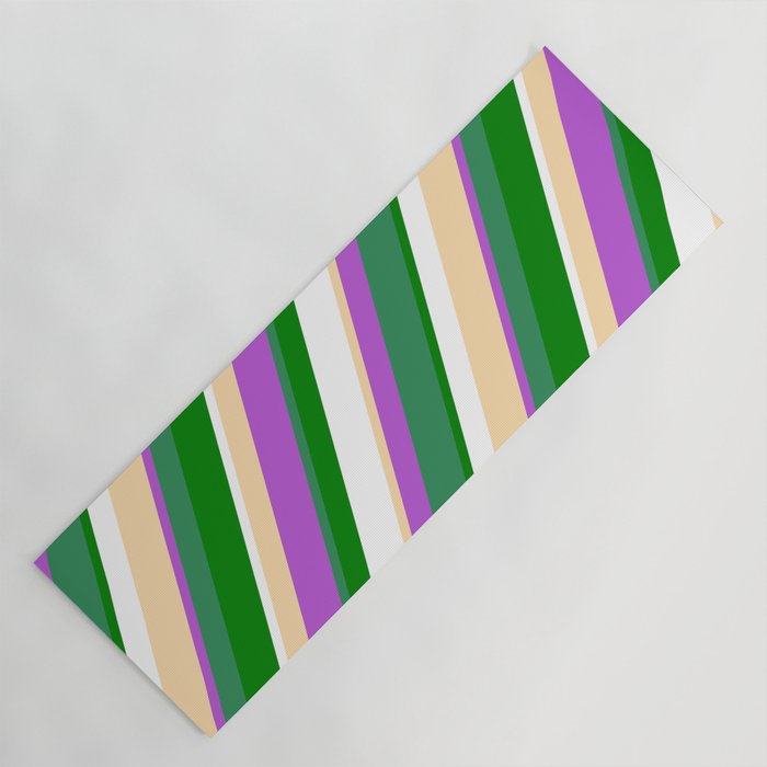 Tan, Orchid, Sea Green, Green & White Colored Stripes/Lines Pattern Yoga Mat