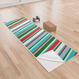 [ Thumbnail: Sky Blue, Red, Dark Turquoise, White, and Dark Green Colored Striped Pattern Yoga Towel ]